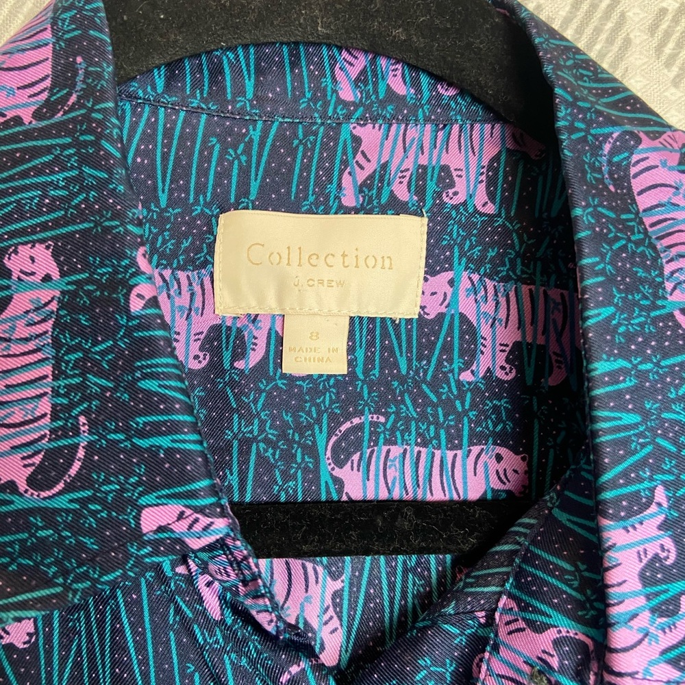 J. Crew Teal Button-Up Blouse with Pink Tiger Print - Picture 7 of 11